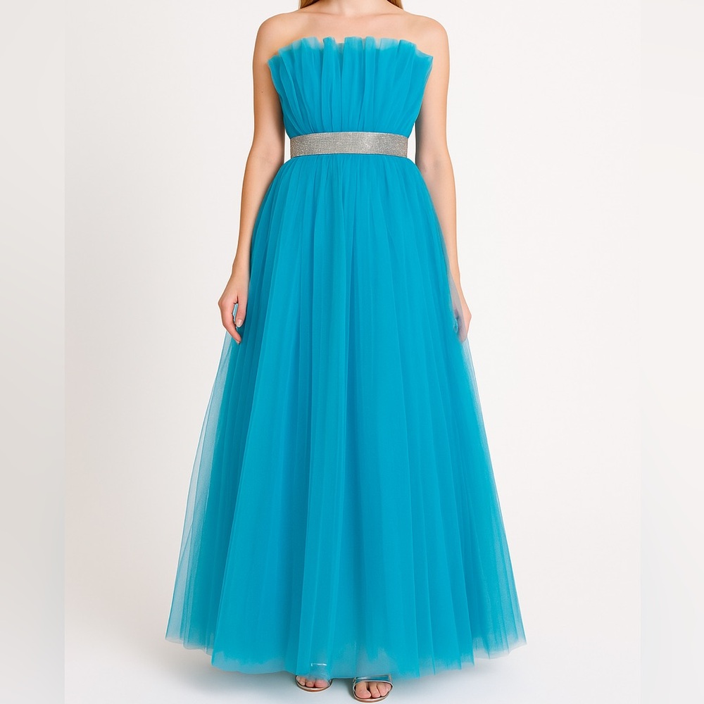 🆕🩵 B. Darlin Blue Strapless Tulle Gown w/ Rhinestone Belt Size 13/14 Prom Dress